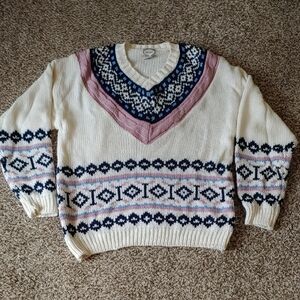 VTG Fair Isle Sweater Women's Cream Norway Pattern Knit Size M
